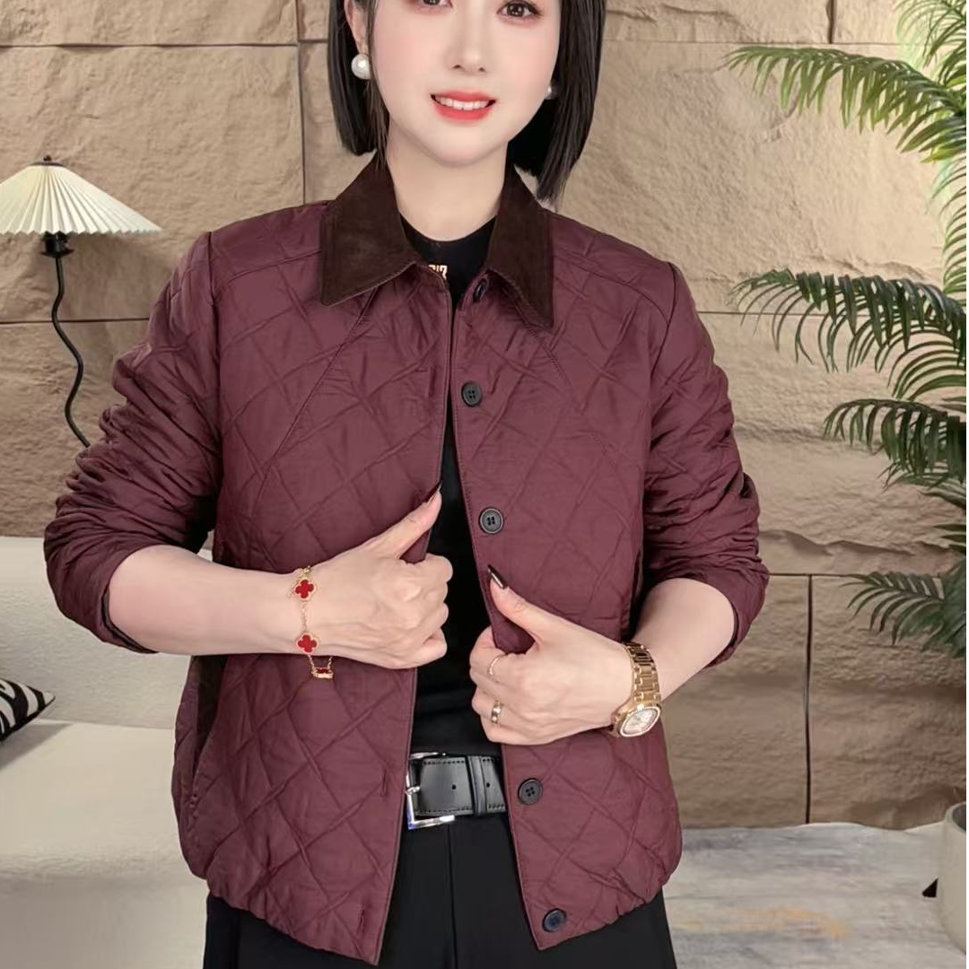 新款轻薄款外套薄棉厚棉时尚衬衫领女显瘦打格菱格棉衣气质外套