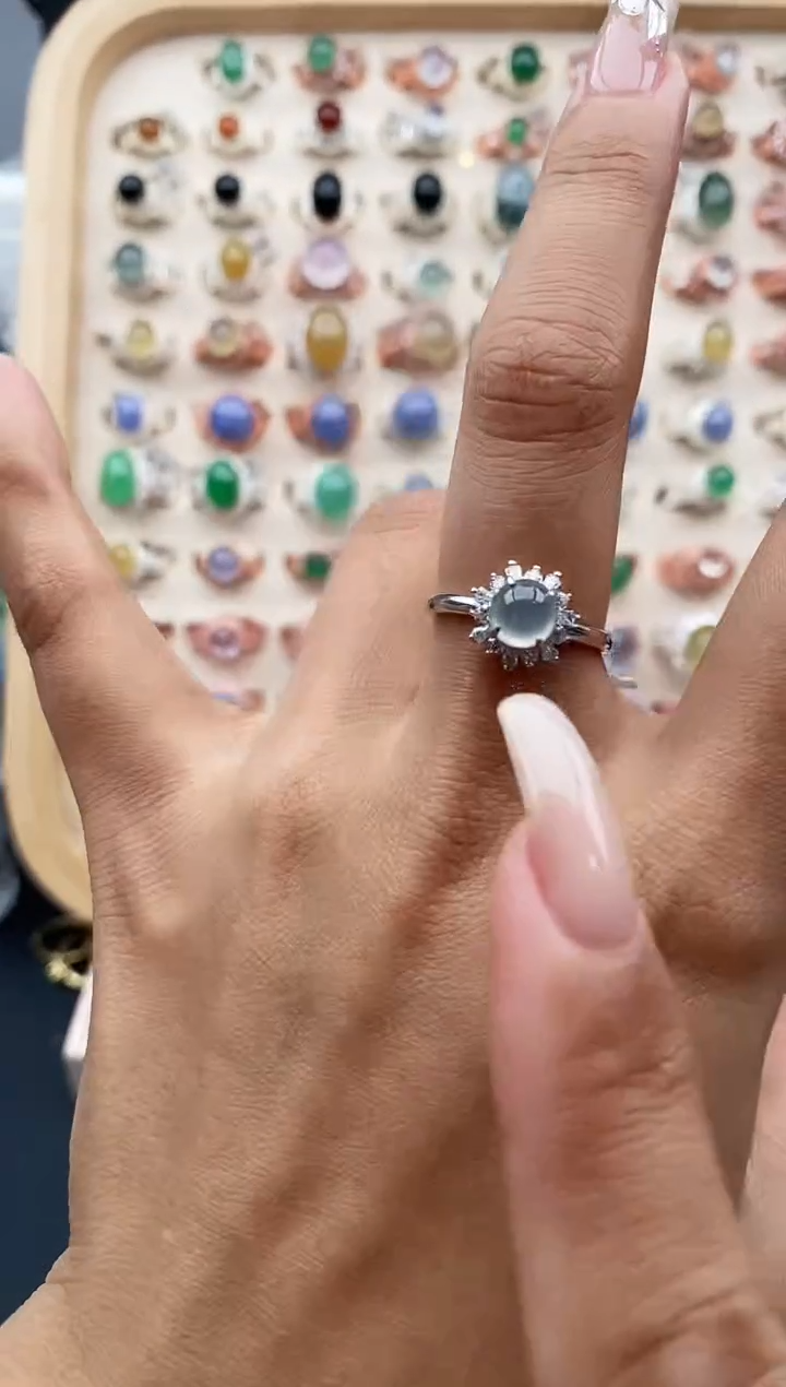 【闪购商品】翡翠戒指银S925镶嵌缅甸天然A货翡翠111    7-6