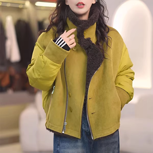 韩版时尚大翻领短款毛毛拼接棉服2025冬季新款撞色外套加绒上衣