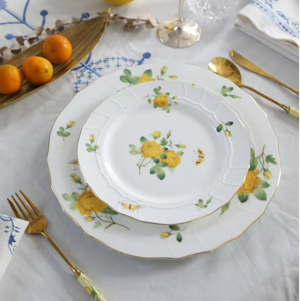 安娜16点（黄玫瑰）骨瓷编织纹盘餐盘汤菜盘鱼盘甜品盘
