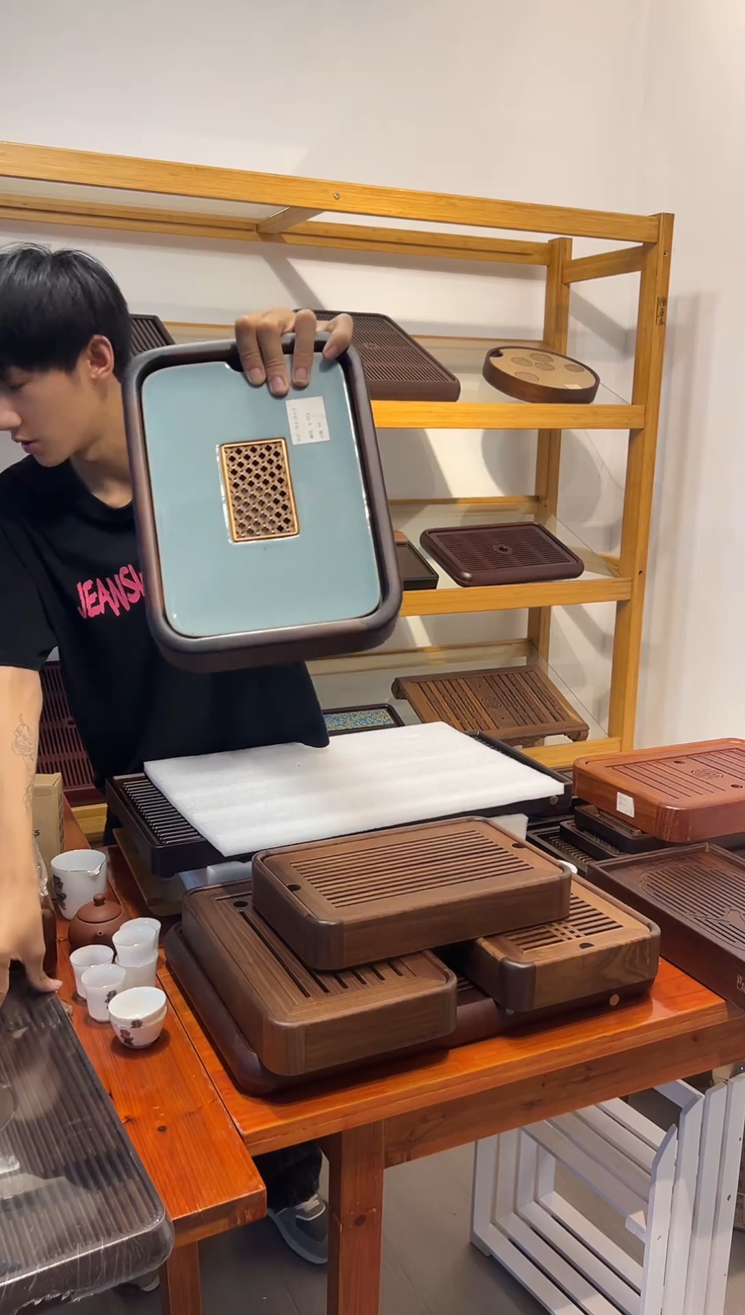 陶瓷面板家用茶盘蓝色面