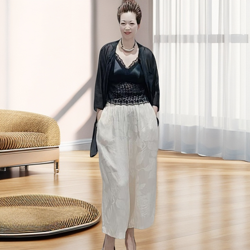 夏季时尚休闲宽松印花高腰松紧腰百搭女士九分裤阔腿裤