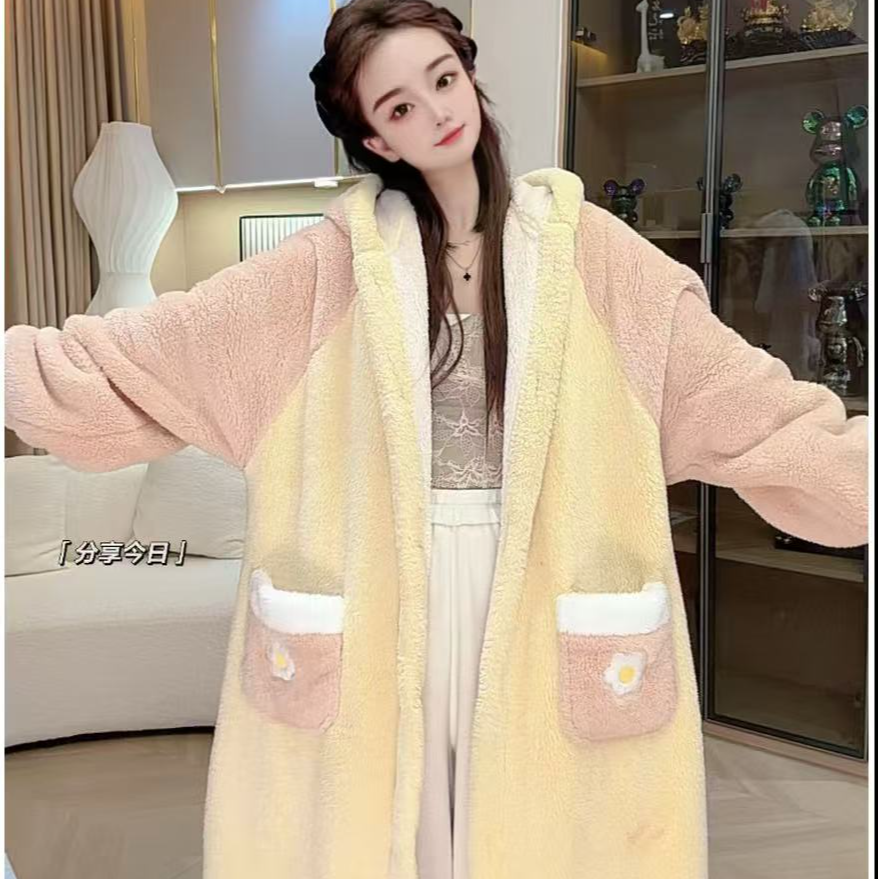 【双层加厚可爱鸭】秋冬加绒加厚中长款睡袍睡袍珊瑚绒睡衣网红家10