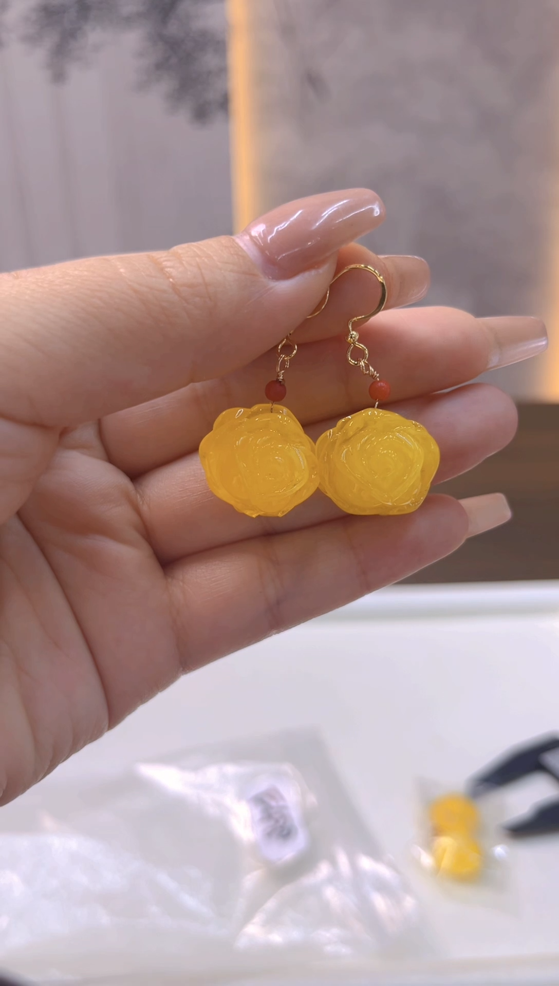 蜜蜡14K金镶嵌耳饰E480