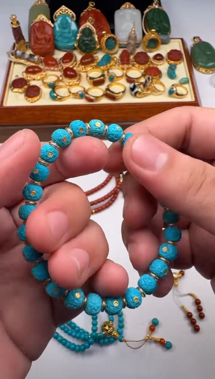 18K金镶嵌绿松石挂件缠*～手串手串