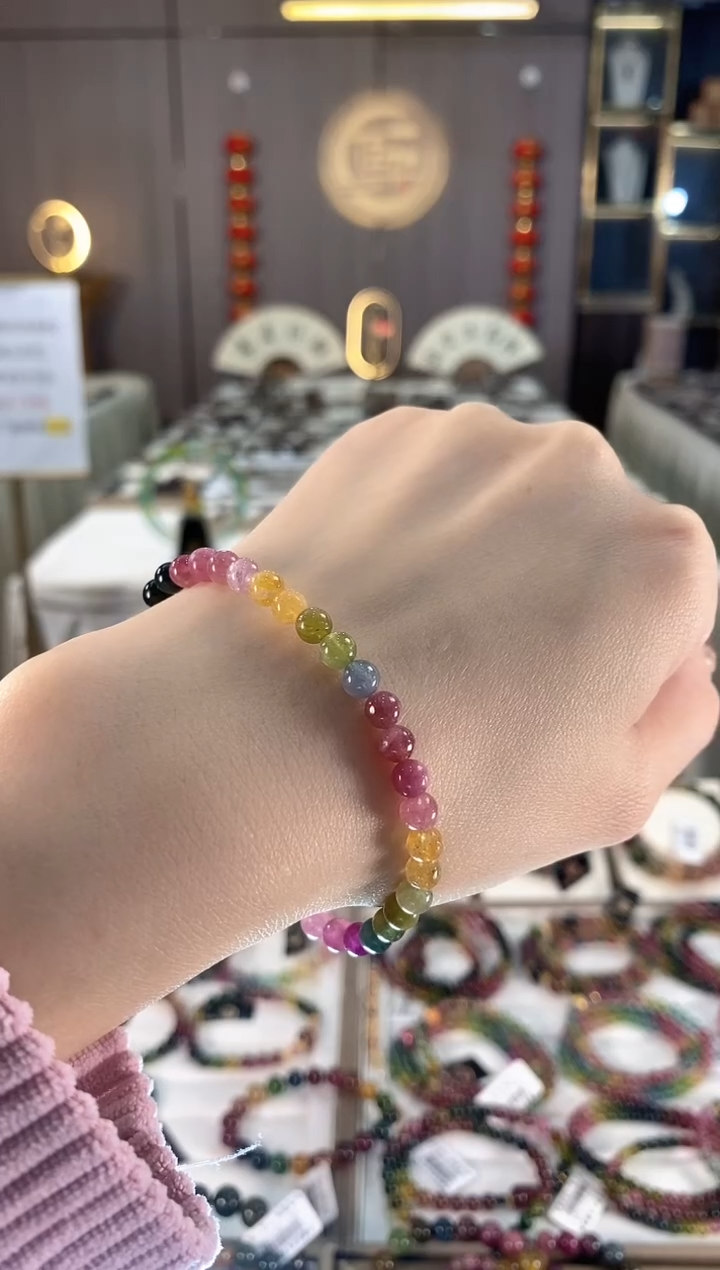 未镶嵌老矿碧玺色标彩虹单圈手串5mm+碧玺dan多样性发货一条