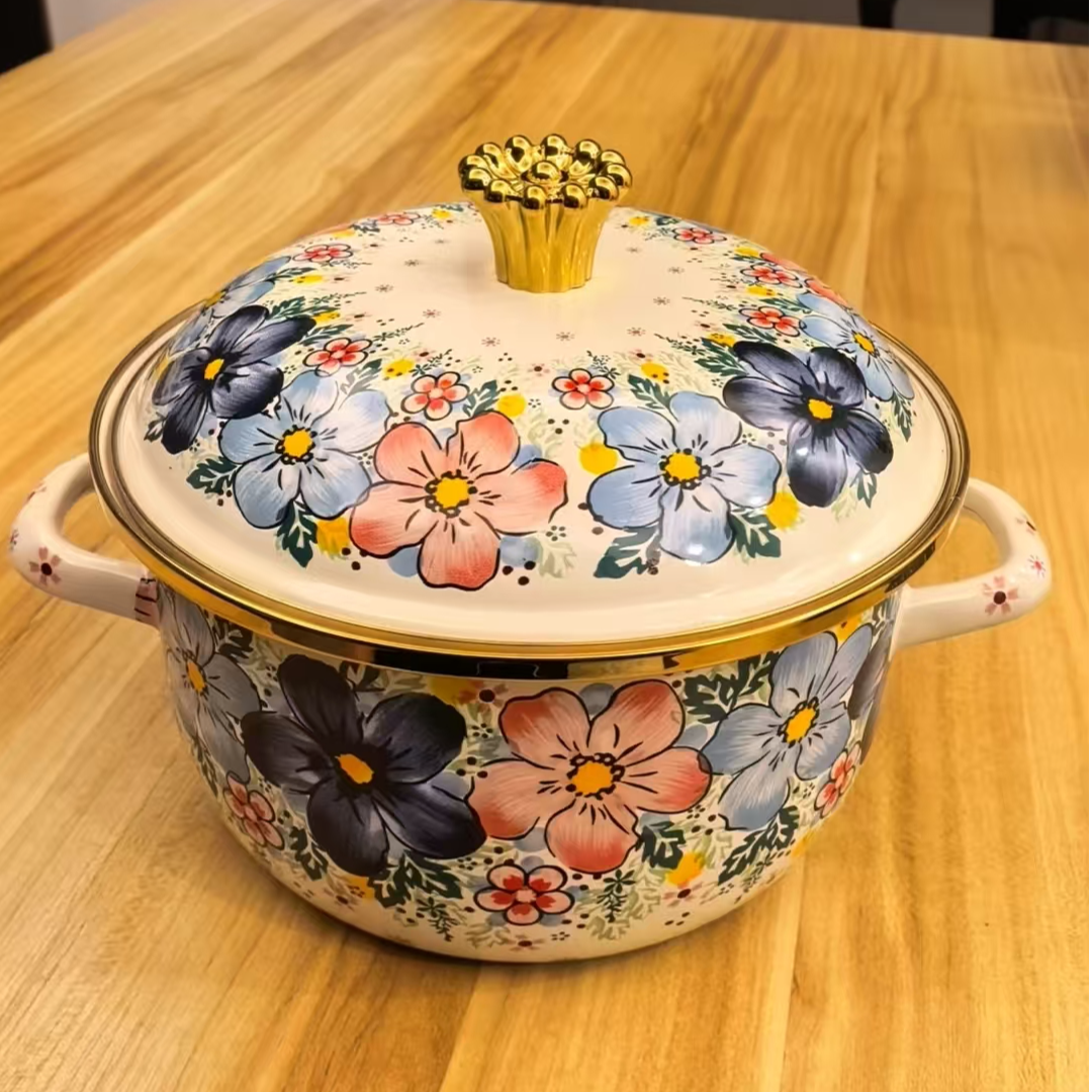 搪瓷双耳汤锅老式珐琅烧锅袋盖汤面碗装 5L YZ全