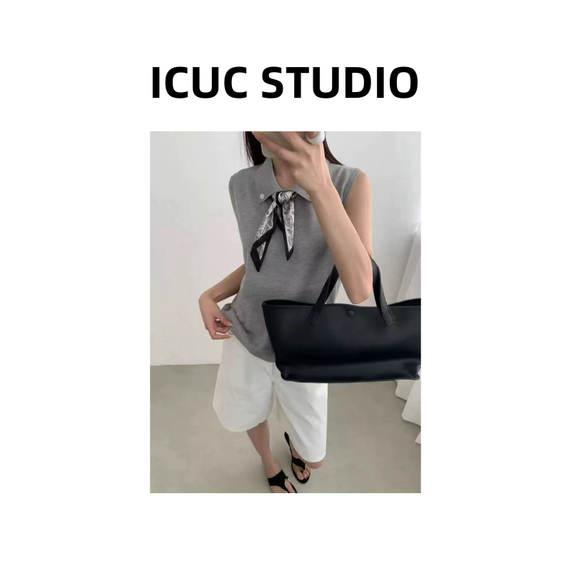 ICUC STUDIO-【丝巾POLO领无袖背心】夏季款宽松显瘦针织衫2233-1