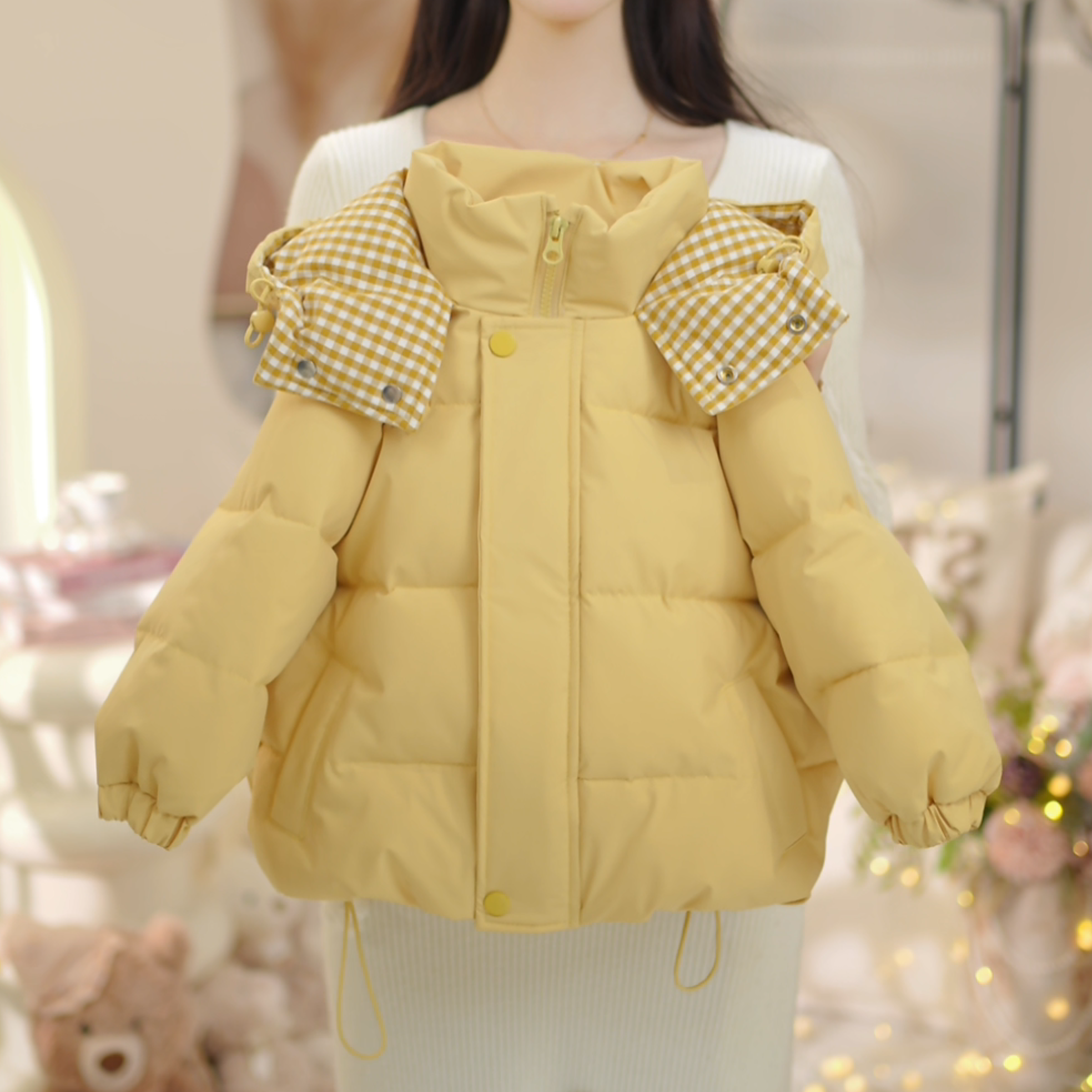 女童2025冬季新款洋气韩版拼接格子连帽夹棉加厚棉服外套C25098