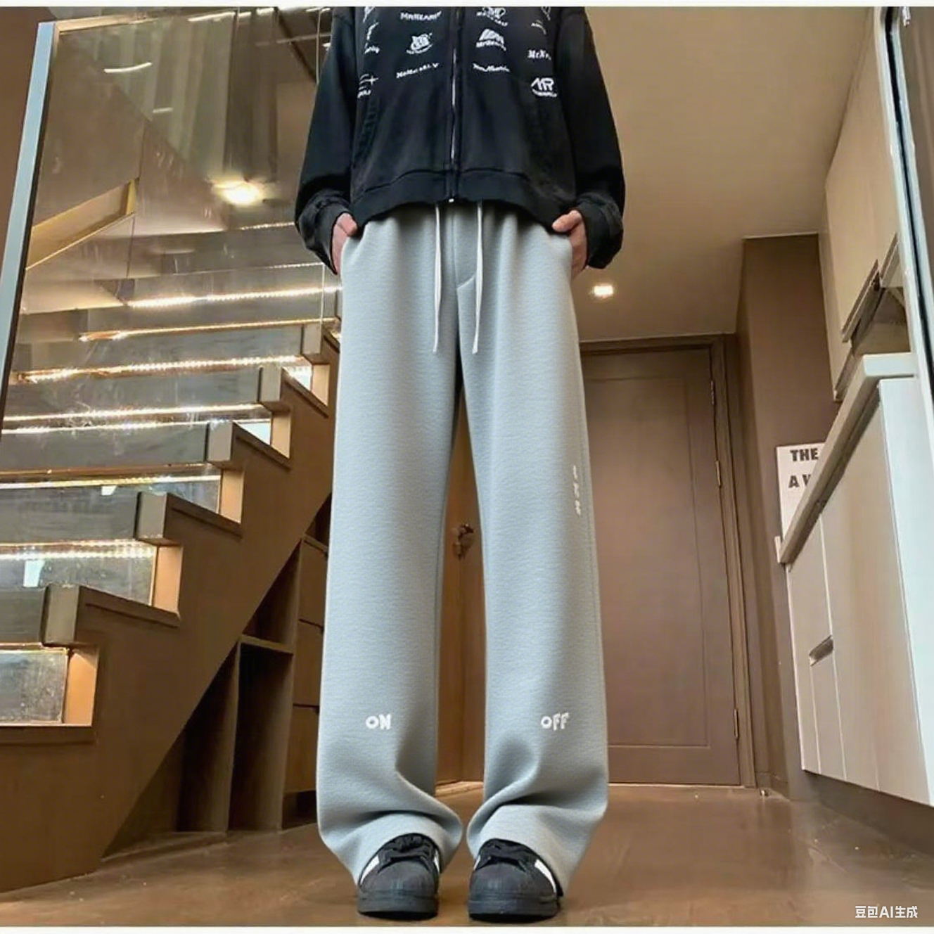 D03灰色秋季青少年潮牌脚口两穿卫裤