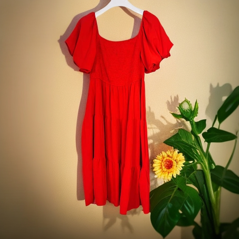 9008红色花苞袖长款连衣裙裙子时尚