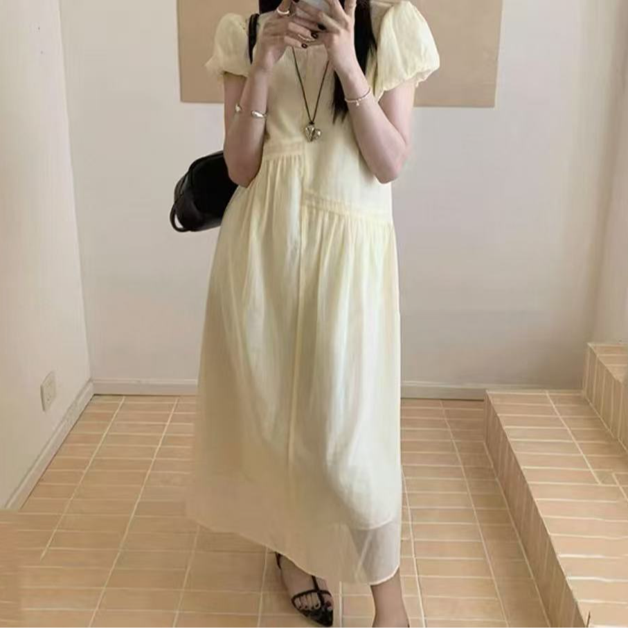 Q652浅黄泡泡袖网纱连衣裙023