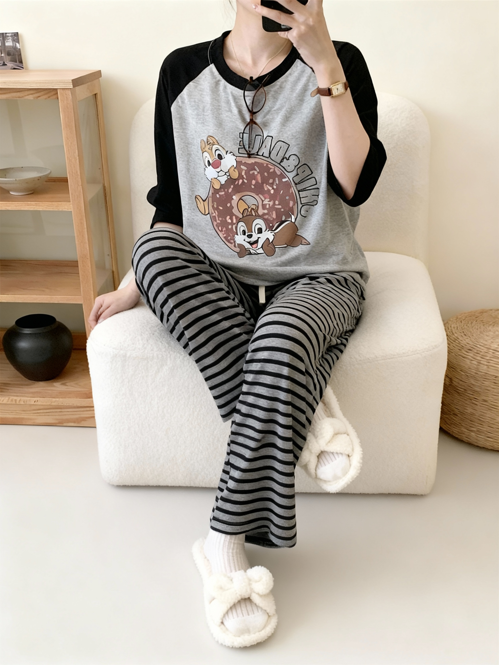睡衣女冬季新款爆款纯棉长袖长裤可外穿家居服（灰色松鼠长袖）