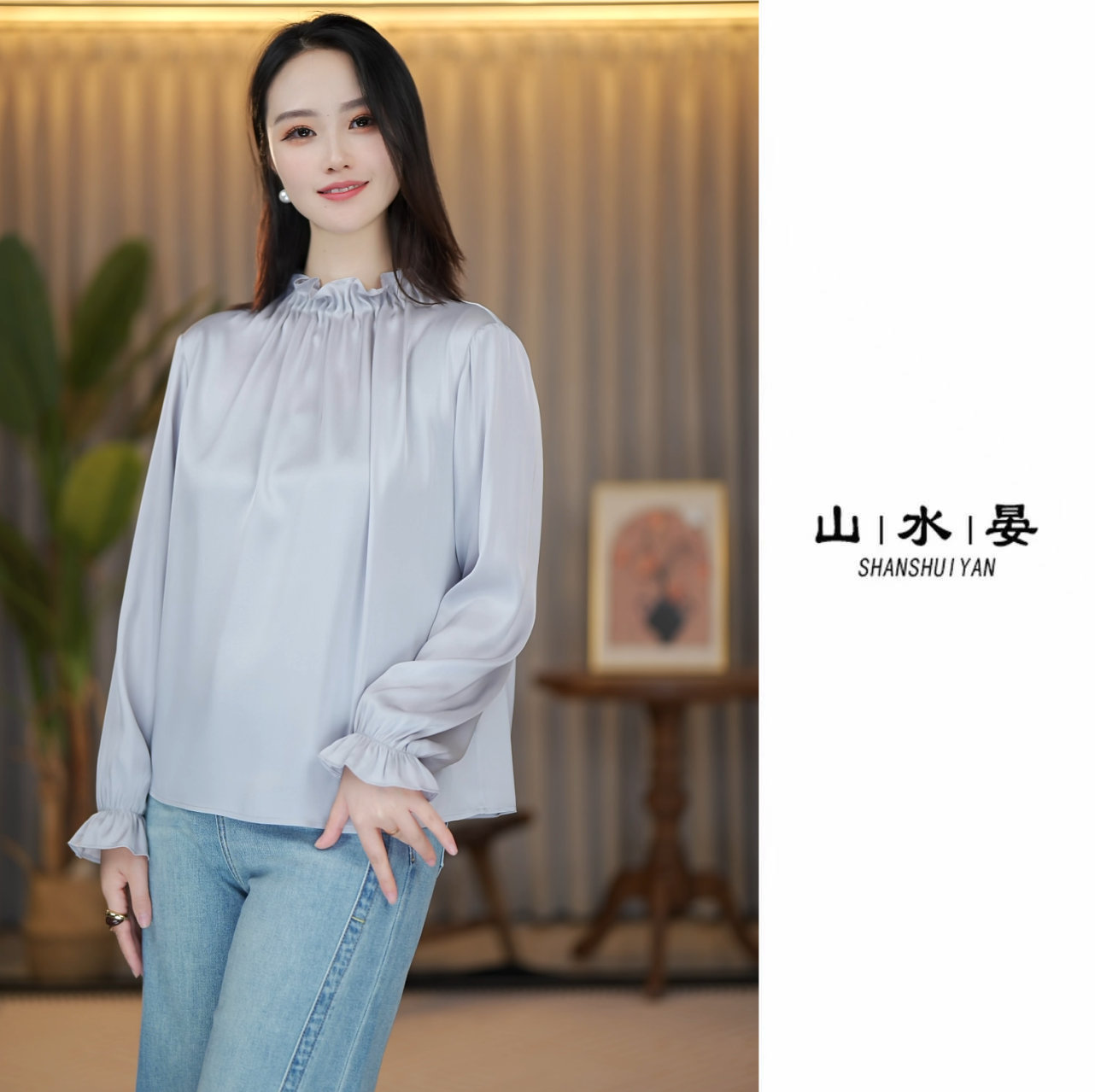 新款桑蚕丝宽松型立领纯色蕾丝衫雪纺衫气质时尚夏季简约UN4708