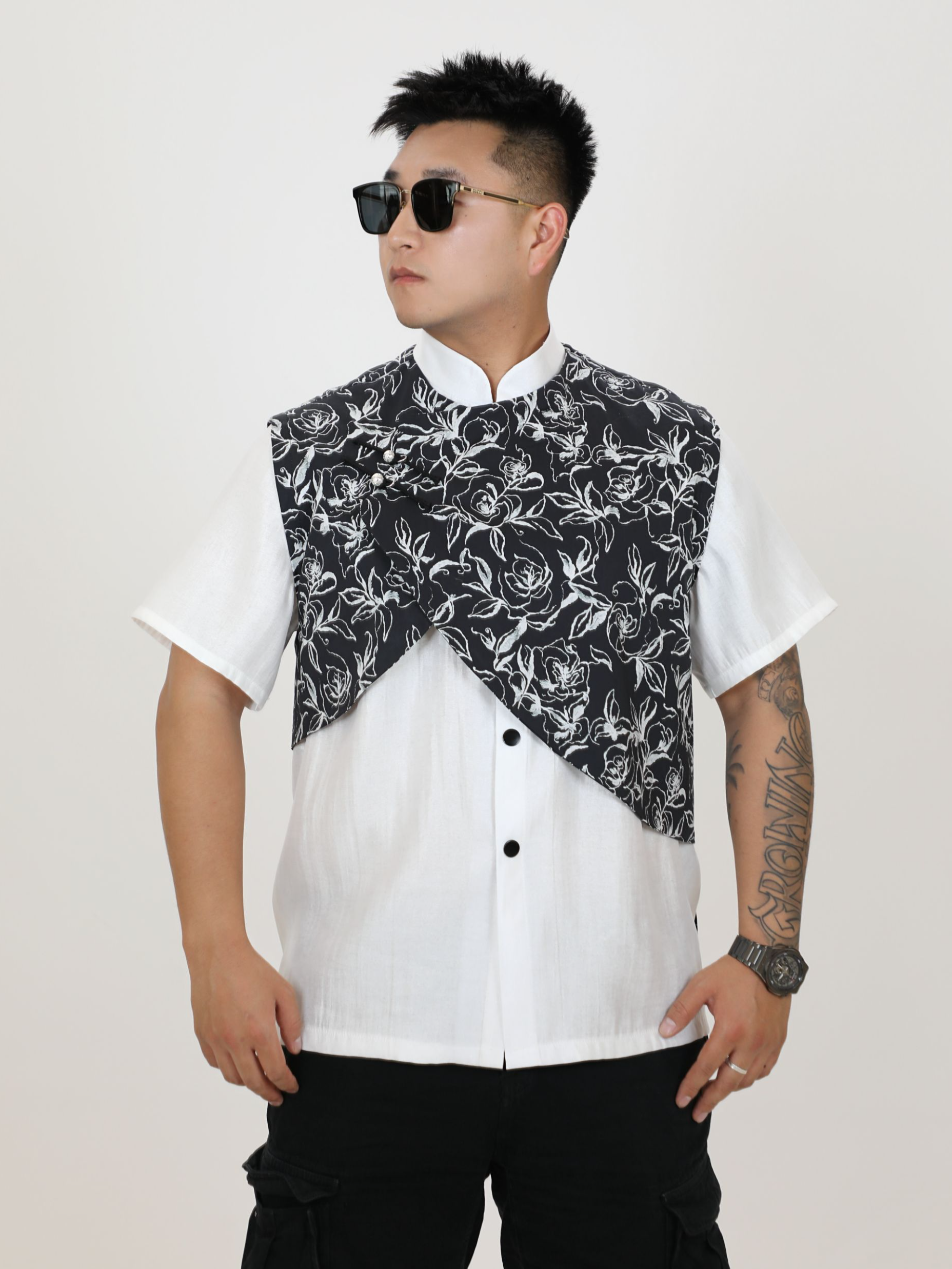 十方造物｜拼接撞色假两件民族风衬衫复古个性印花百搭休闲中国风