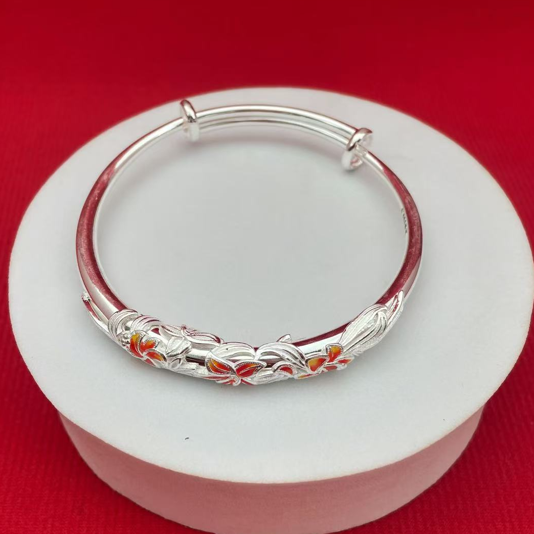 足银手镯  2号链接 足银999.9 古风萱草花繁花银手镯景泰蓝花丝镯