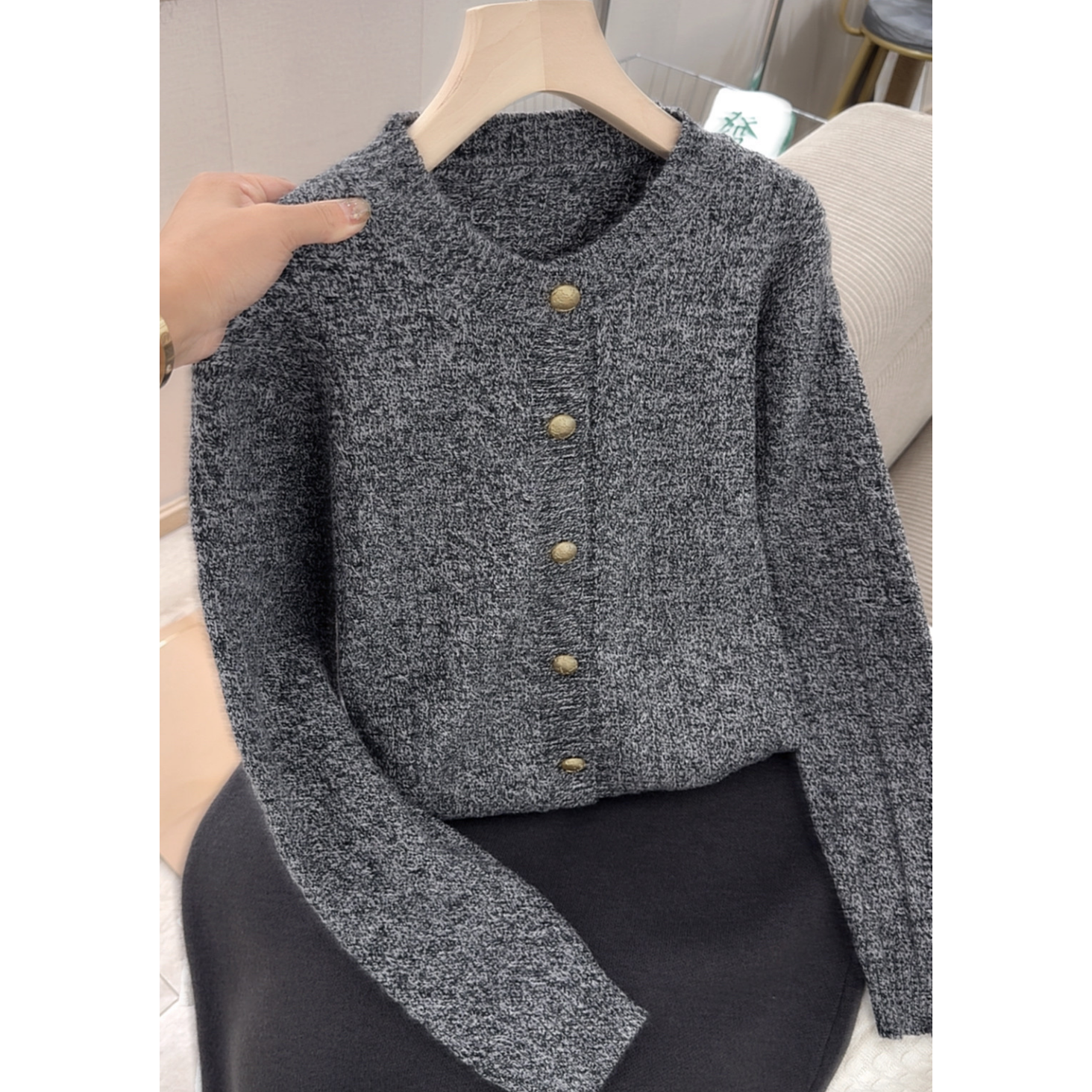 2036【老钱风黑灰色开衫】秋季新款韩版毛衣外套宽松慵懒风上衣