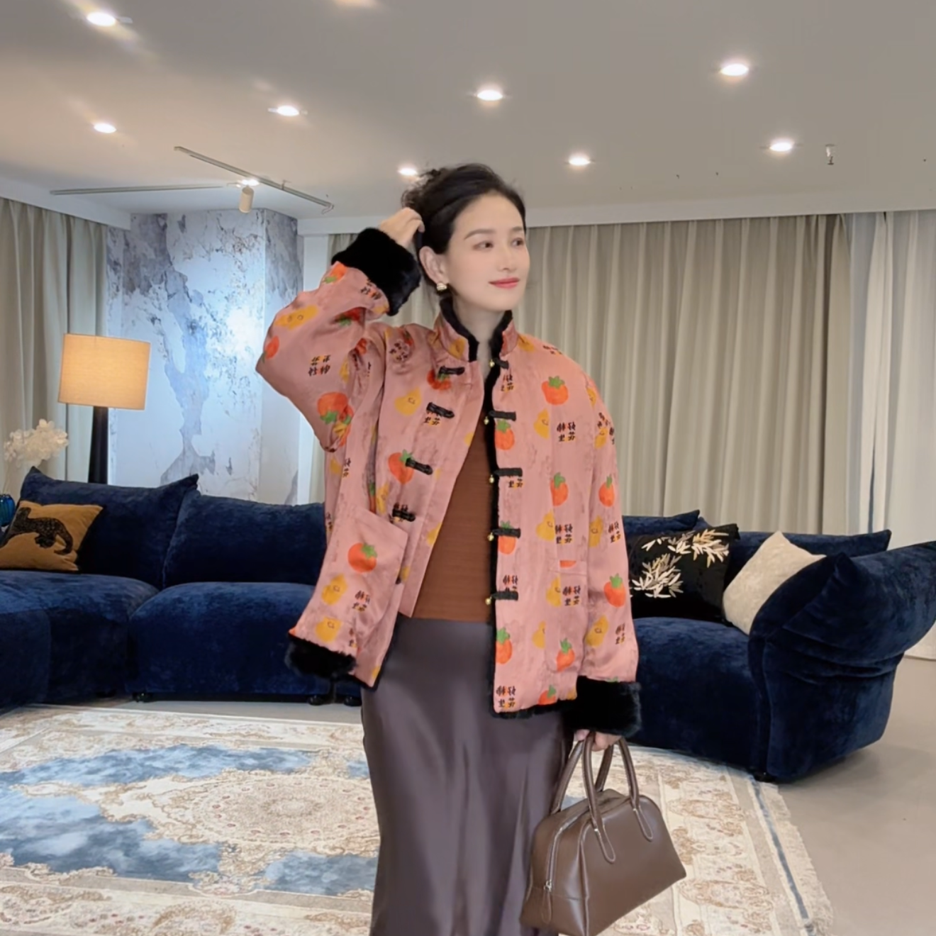 诺谰 高货香云纱水貂毛两面穿2024貂皮大衣女落肩袖皮草外套23019