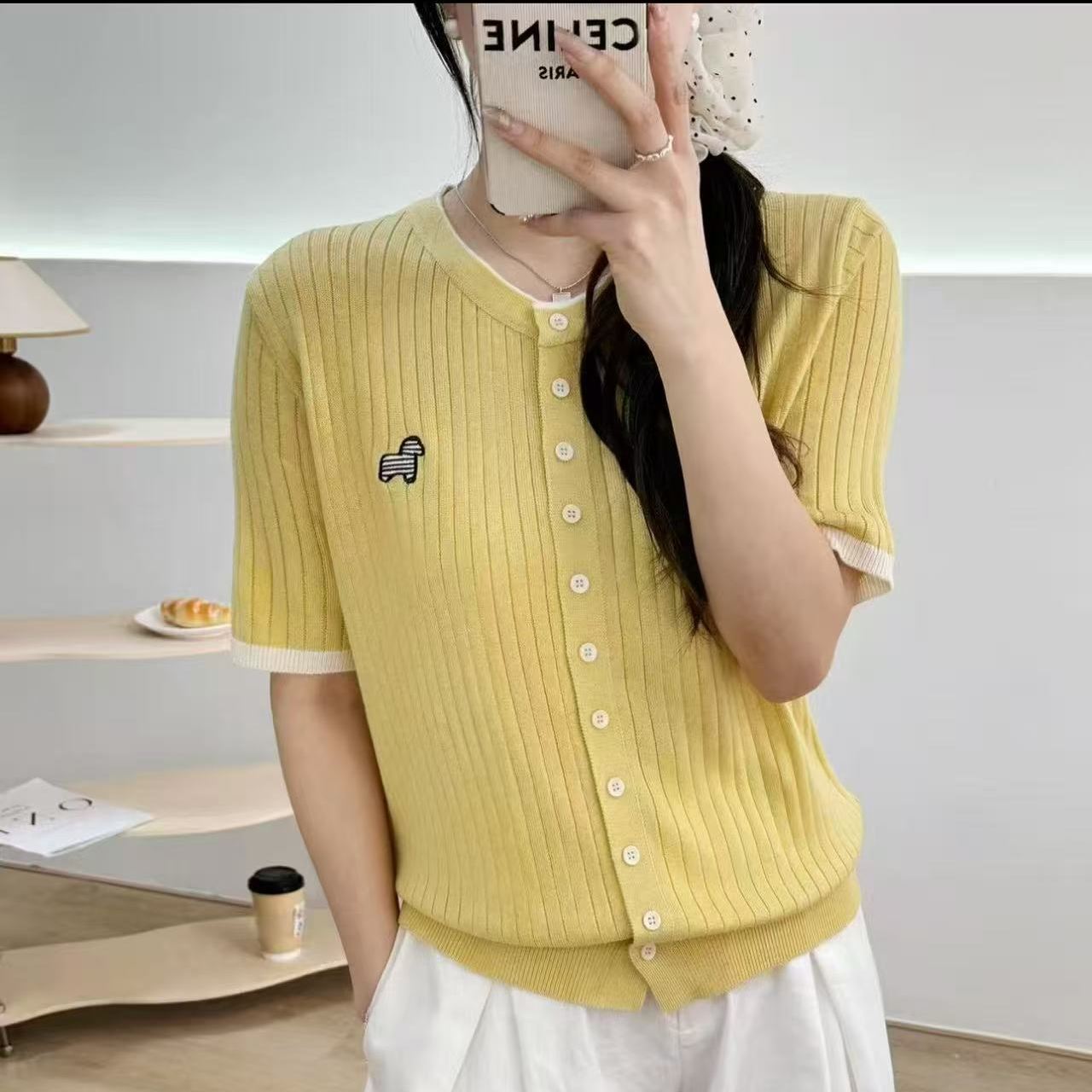 007 X 短袖吸汗刺绣夏季毛针织衫黄色毛衣 F80 三楼