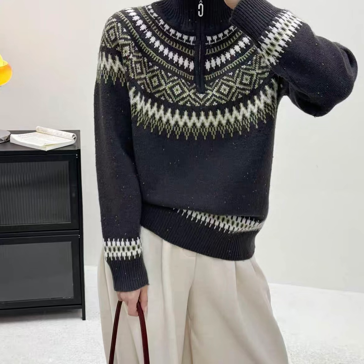 【费尔岛灰色】秋款上新外套洋气复古提花针织外套开衫妈妈款455