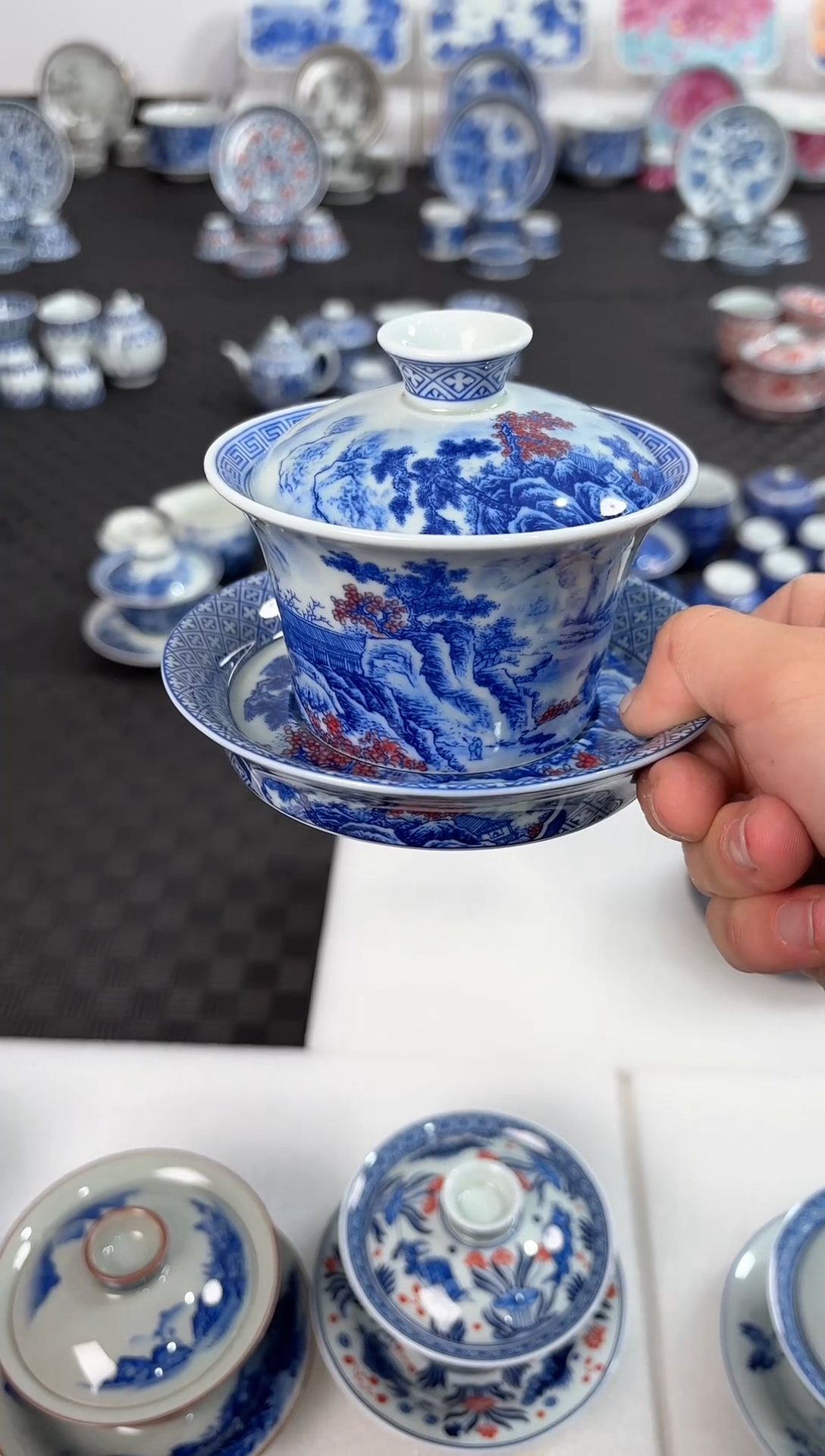 景德镇陶瓷茶具青花釉里红清流圣境马蹄盖碗