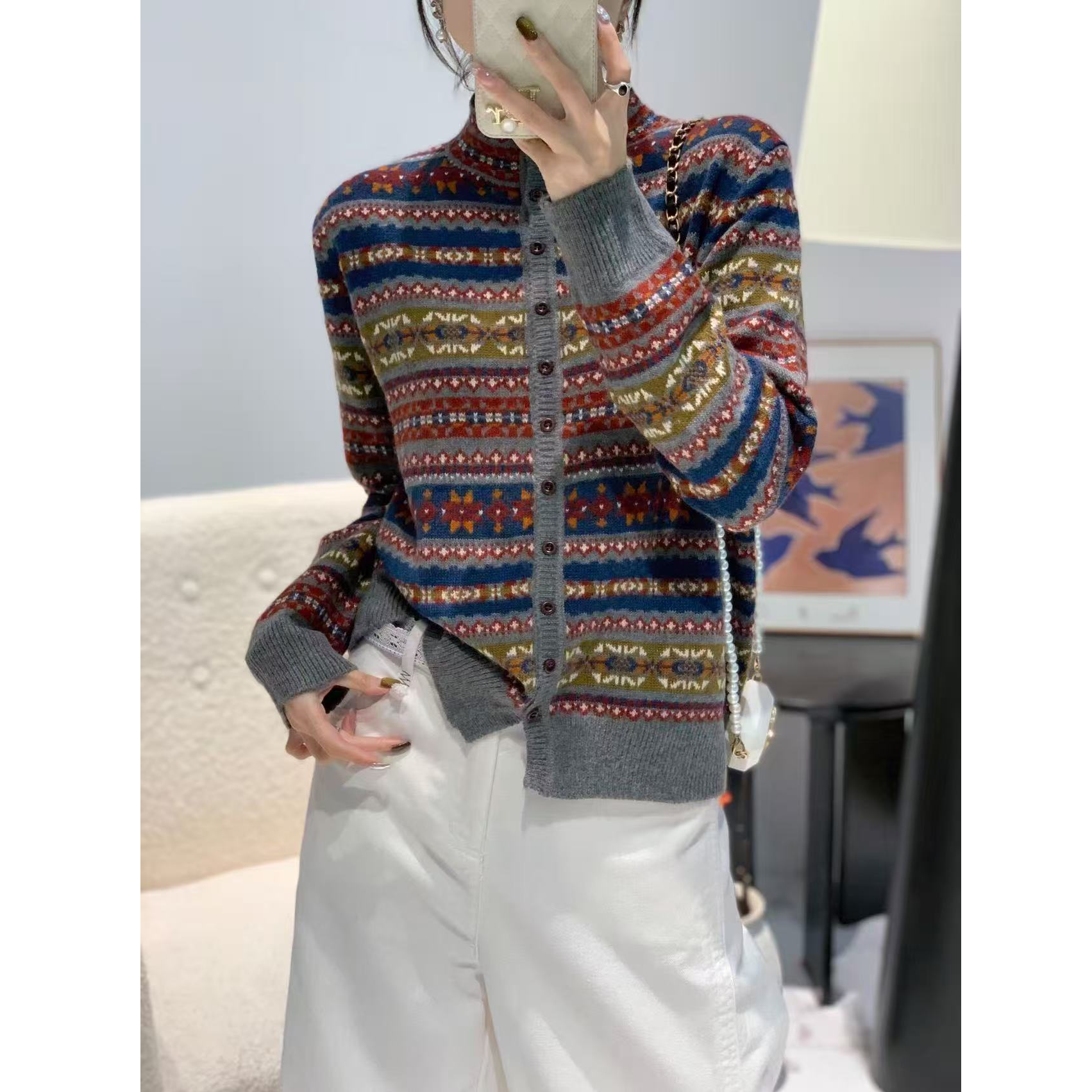 复古秋冬加厚毛条纹提花新款毛衣2025宽松针织上衣洋气开衫