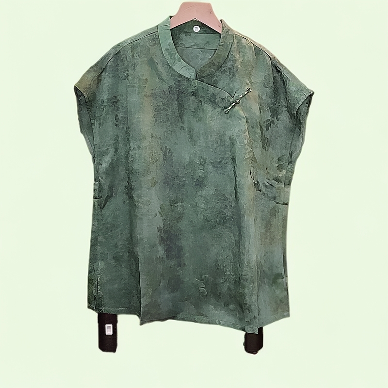 321【碧烟】常规款短袖短款绿色宽松型T恤新中式复古夏季立领唐装