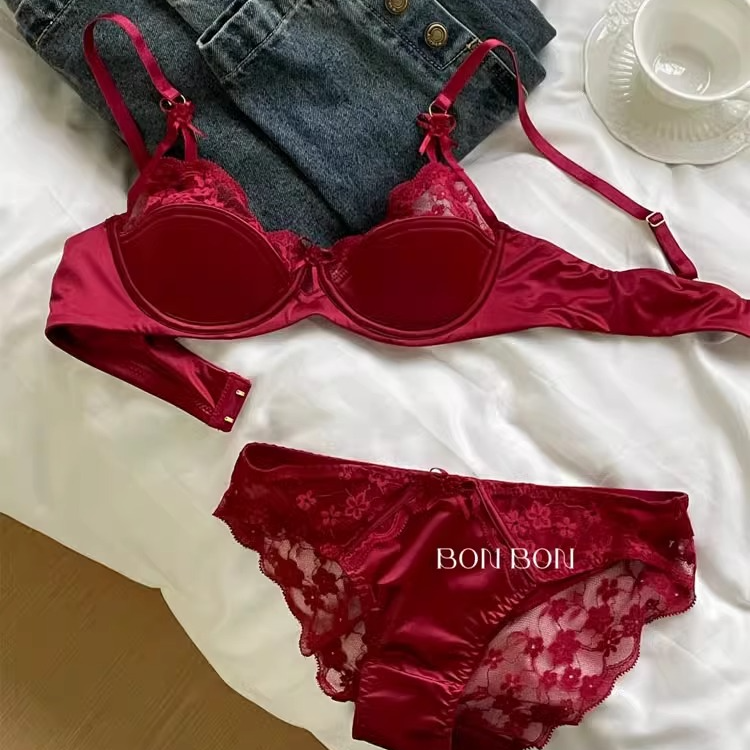 维多利亚法式半杯蕾丝性感内衣女软支撑本命年红色结婚文胸罩套装