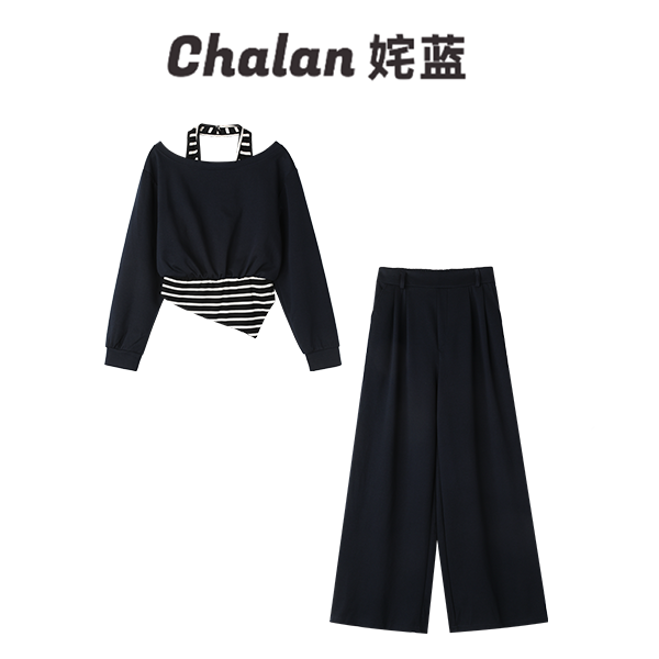 2625【马琦尧专属】Chalan姹蓝 秋冬新款条纹拼接休闲半身裙套装