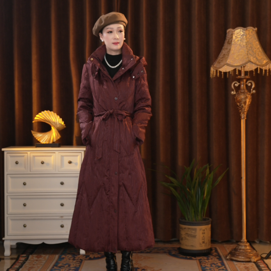 【涵夫人-鹅绒服】长款羽绒服女款冬季香云纱妈妈装加厚单排扣收腰