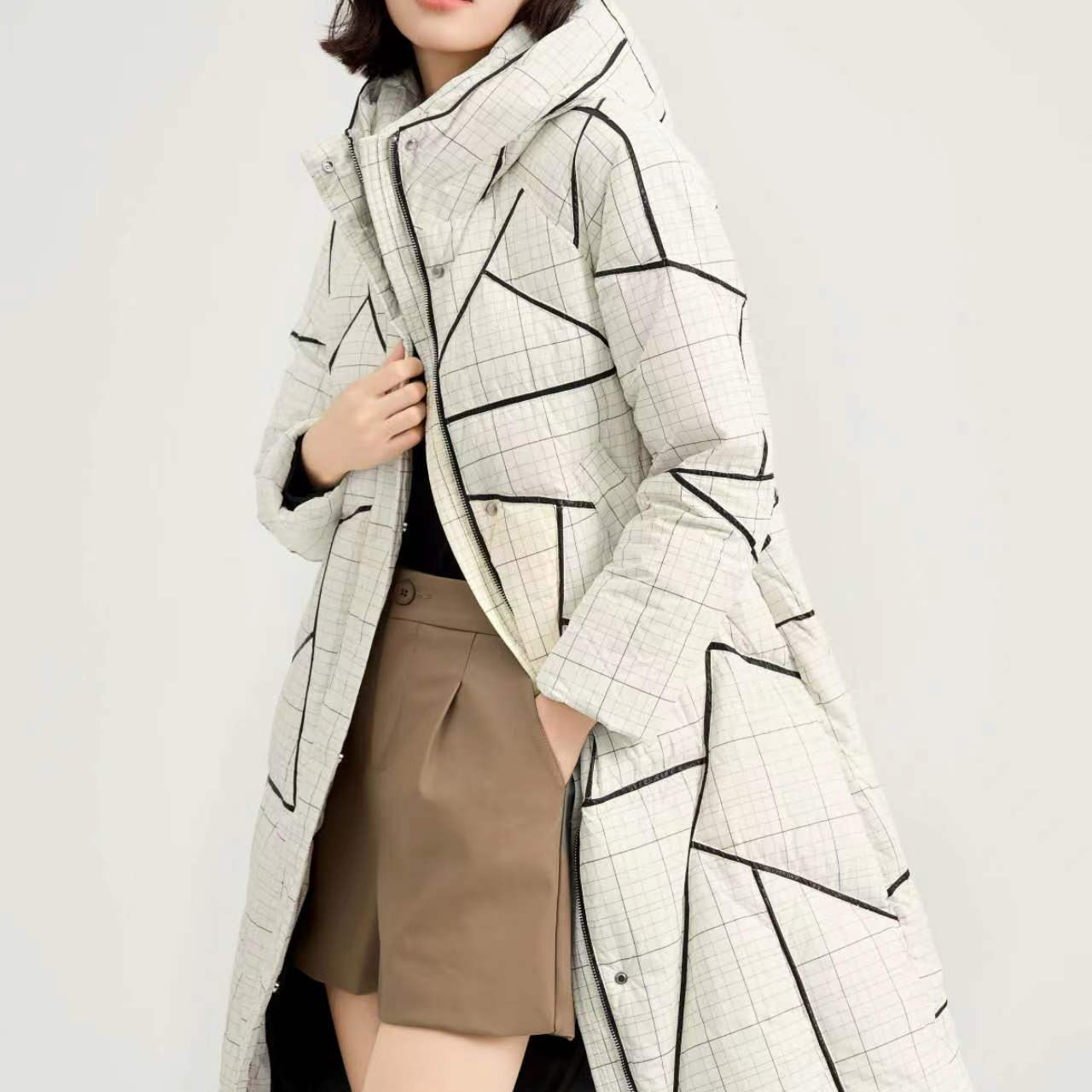 百搭菱形格长款冬季新款棉服C7234