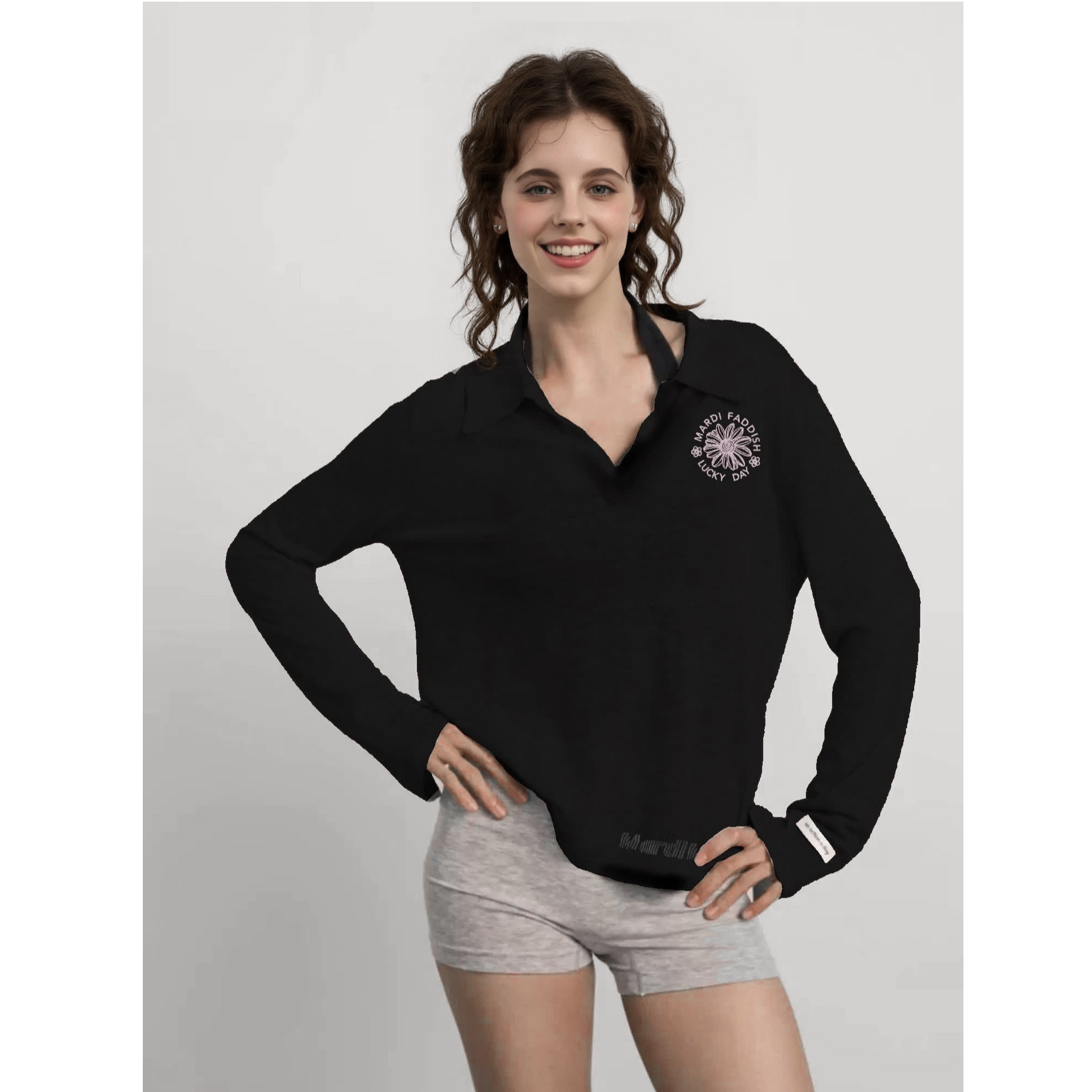 Mardi 玛尔帝纯欲慵懒风薄款套头亚麻天丝polo衫V领长袖T恤