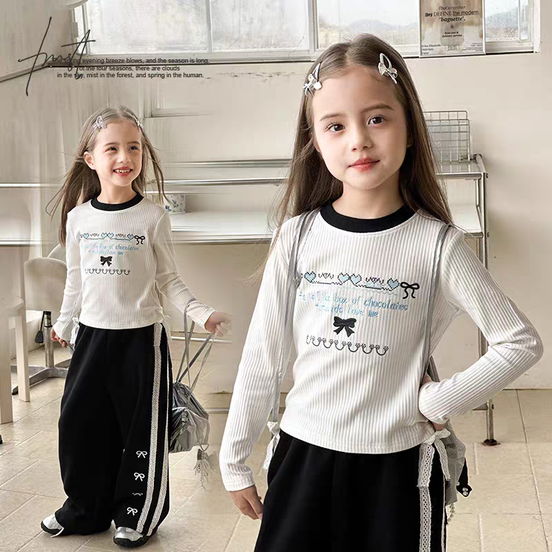 【现货】2025秋韩系修身刺绣蝴蝶结女童打底衫 D670 670 Y