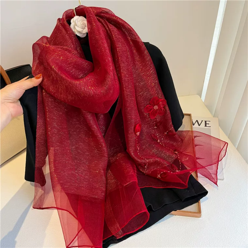 C197 红色春暖花开 手工刺绣款桑蚕丝羊毛混纺围巾丝巾披肩70*180