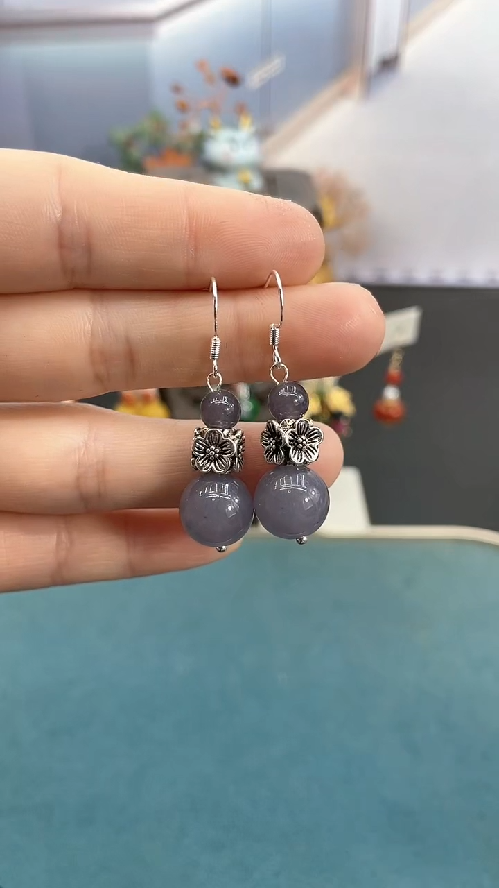 银S925镶嵌和田玉耳饰12mm烟紫四面花耳钩