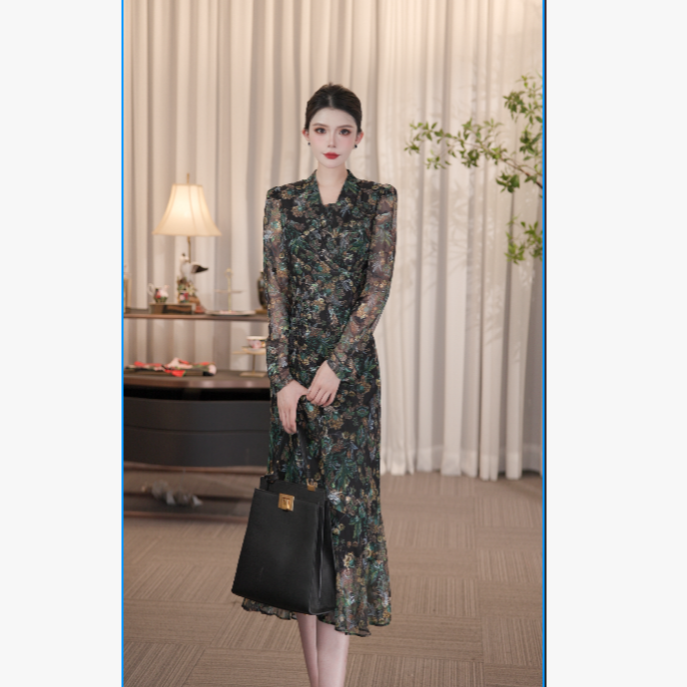 SUSSI古色丨“雀鸣冬曦”中式鱼尾裙绣金复古长袖收腰修身连衣裙女