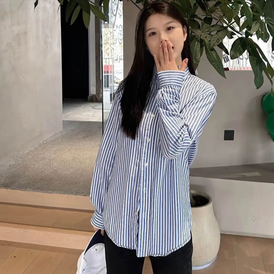 中古衬衫单款单件宽松百搭可外穿蓝色条纹新款