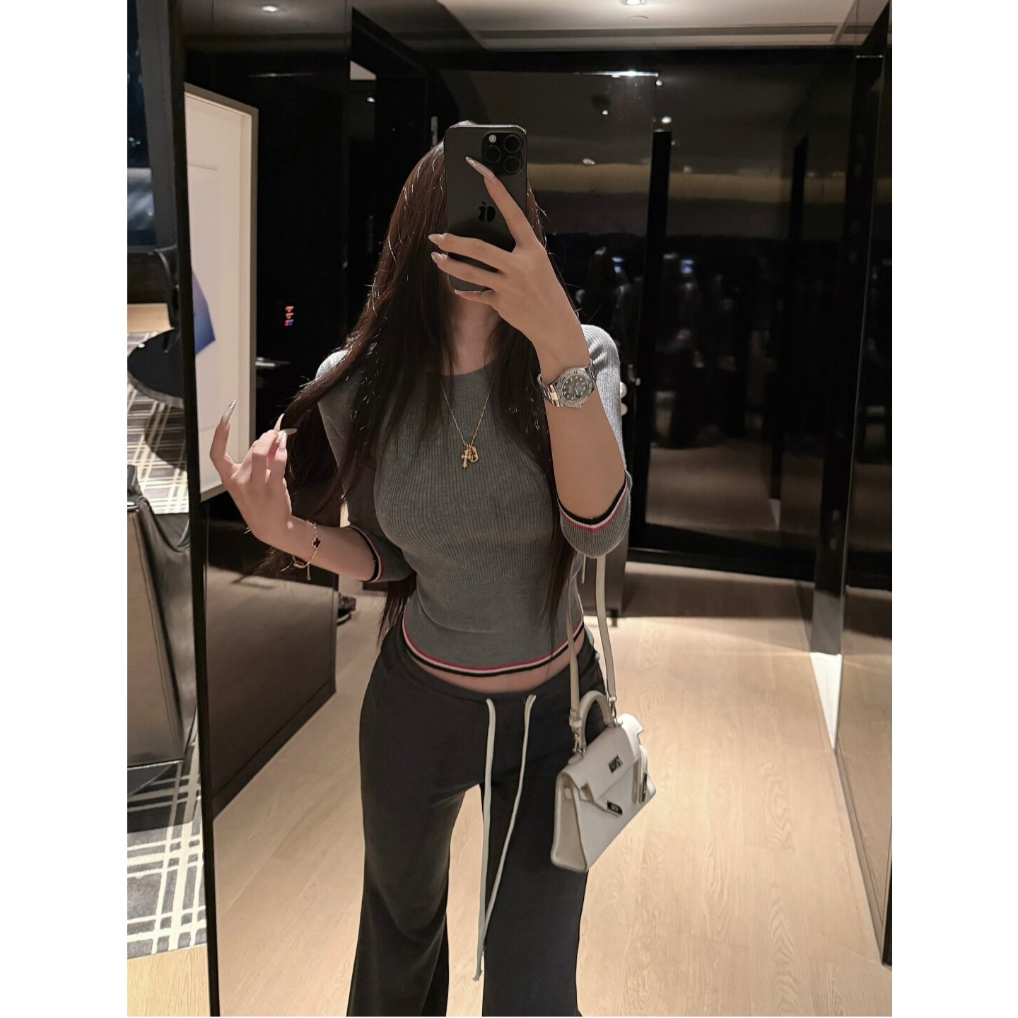 气质姐姐 撞色半袖圆领针织衫女修身显瘦百搭休闲内搭打底T恤上衣