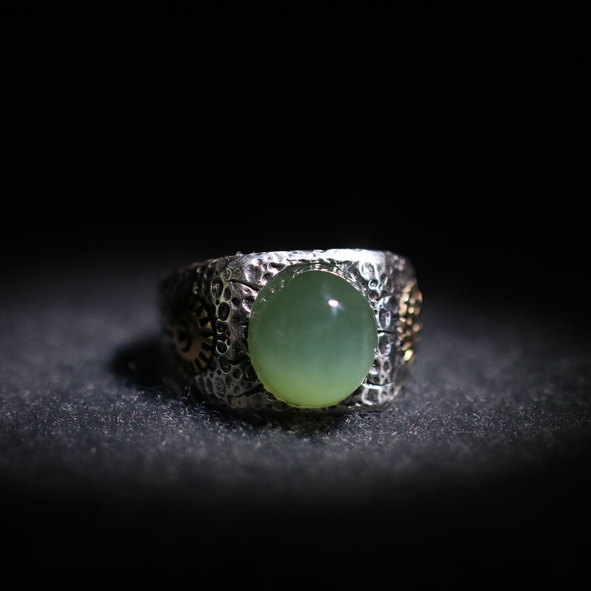 庭硕 和田玉碧玉猫眼戒指925银送戒指棒锤子戒面12*11.2mm10.18克