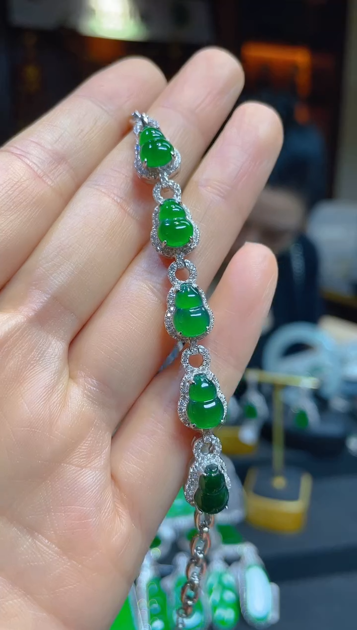 【闪购商品】翡翠手链银S925镶嵌112427天然A货翡翠葫芦手链
