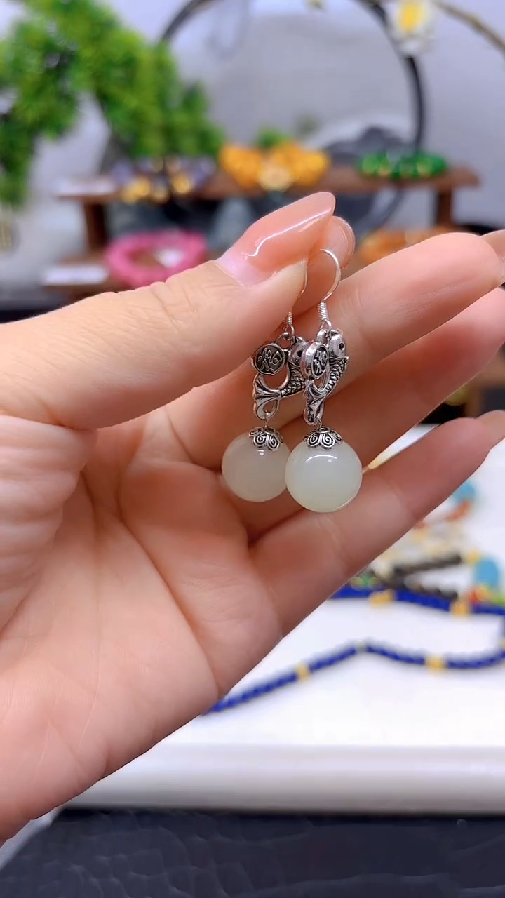 银S925镶嵌和田玉（白玉）耳饰E783