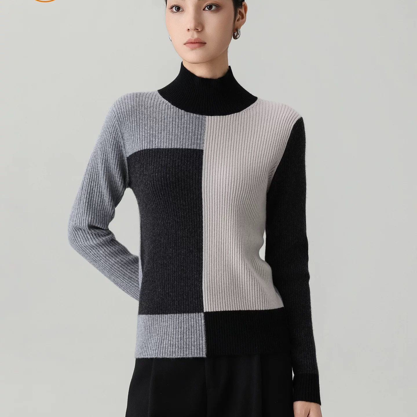 秋冬新款 半高领抽条修身100%山羊绒加厚保暖拼色女士套头衫