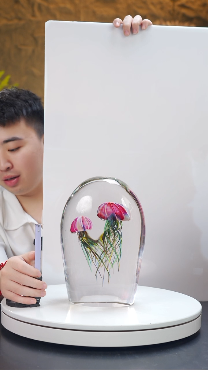 手工艺品琉璃M*金红双头水母摆件71带礼盒