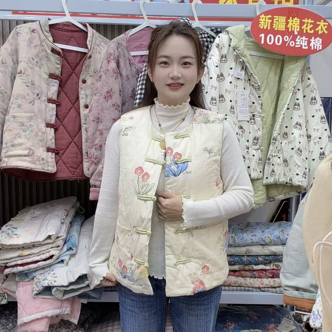 100%新疆长绒棉花棉马夹2025女款爆款冬季加厚中式盘扣保暖坎肩