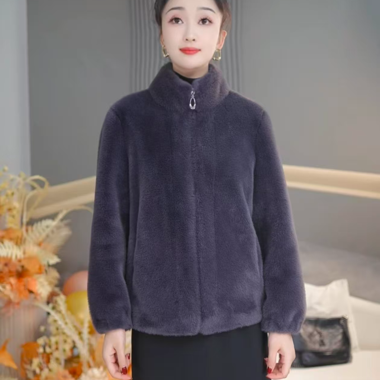 【雪兰貂】休闲纯色短款立领外套冬季开衫时尚女款加厚保暖女装301