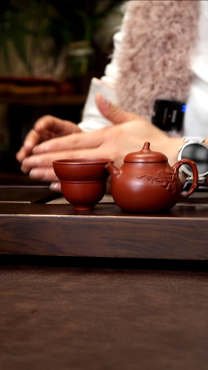 茶壶紫砂朱泥泥绘茄瓜一壶一杯