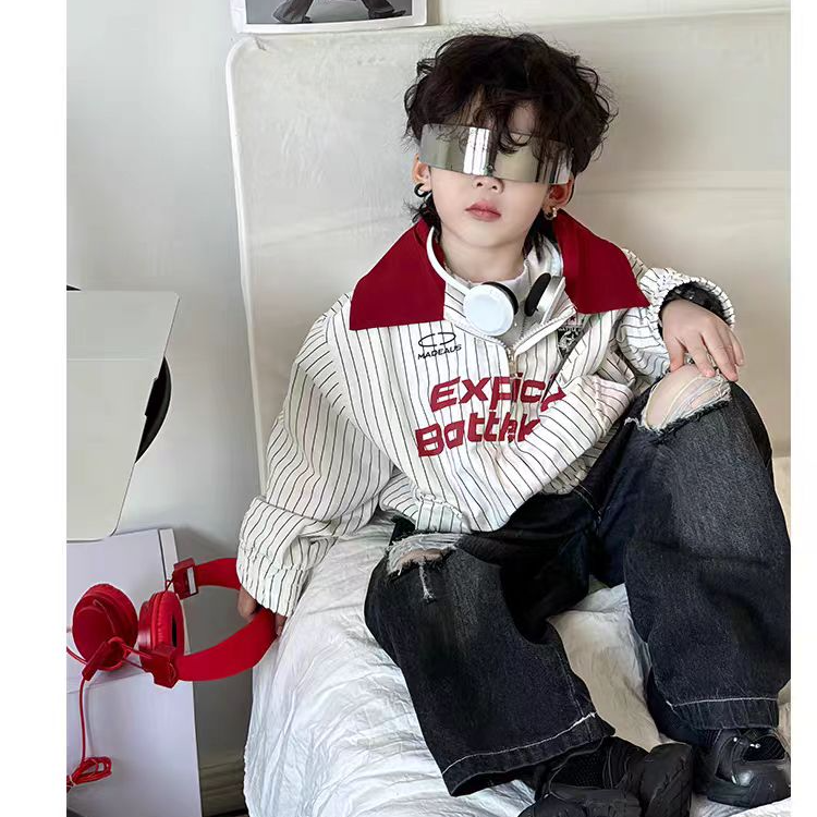 男童美式外套2025春秋季新款儿童韩版红色字母印花条纹棒球服上衣