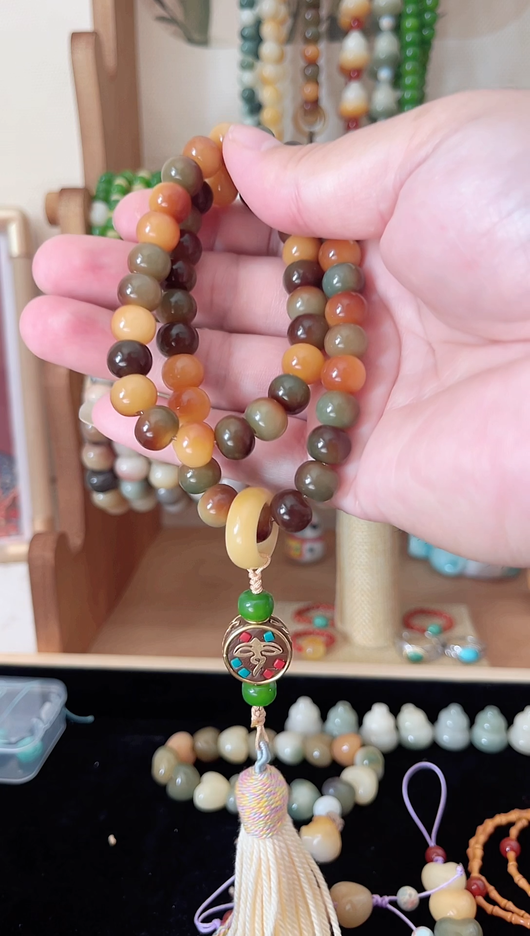 手串菩提根/象牙果【主播推荐】敦煌多宝手持双圈琉璃纯铜跑环吊坠