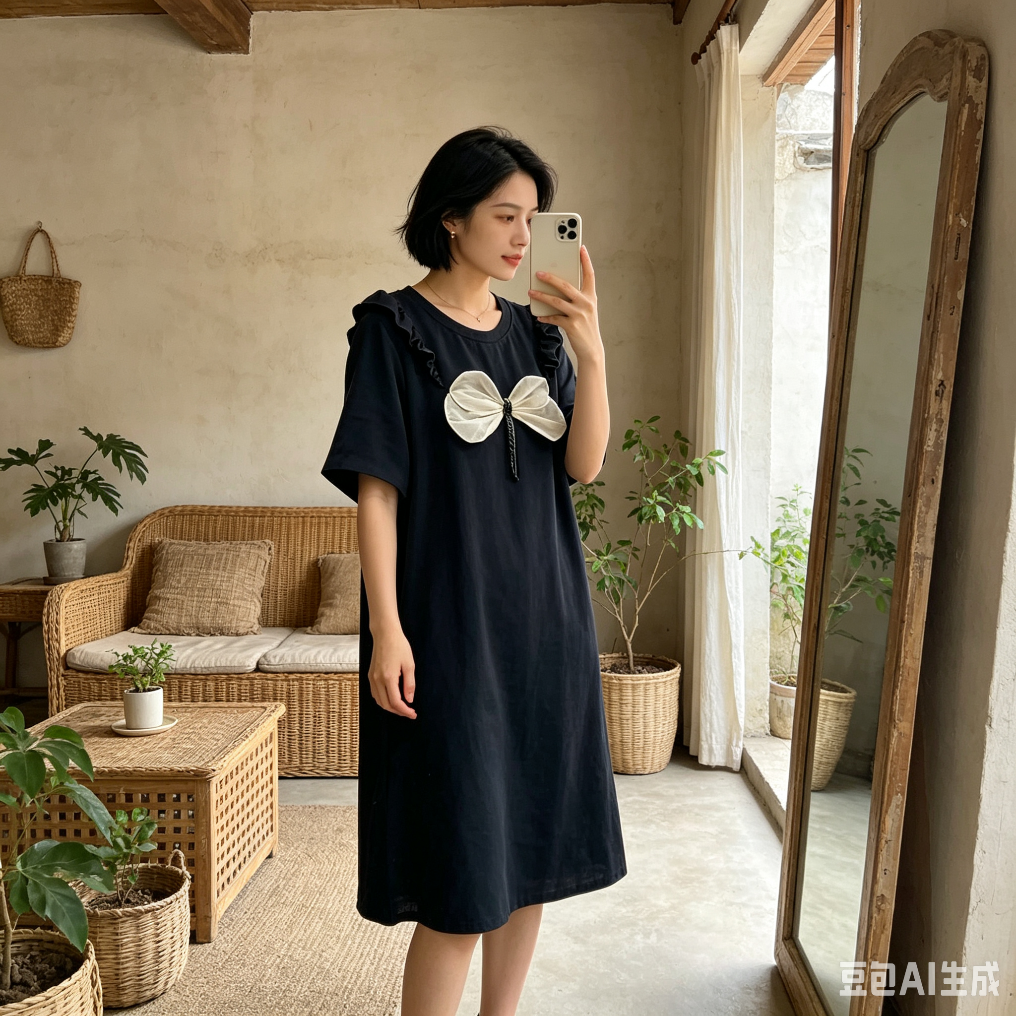 【Annie 103】春夏款竹蜻蜓荷叶边黑裙休闲宽松大码显瘦长裙