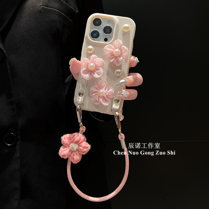 适用苹果华为荣耀oppo/vivo小米手机壳珍珠花朵手提斜挎绳软壳女